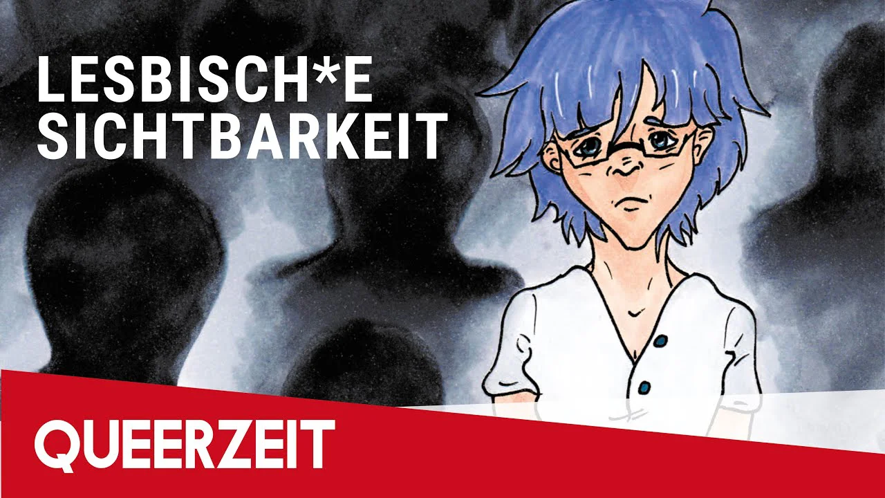 Illustration einer Person mit blauen Haaren vor dunklem Hintergrund, Text "Lesbisch*e Sichtbarkeit" und "QUEERZEIT".