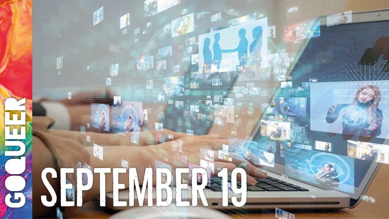 Laptop mit digitalen Bildern und Icons, die aus dem Bildschirm schweben, Hände an Tastatur, Datum September 19.