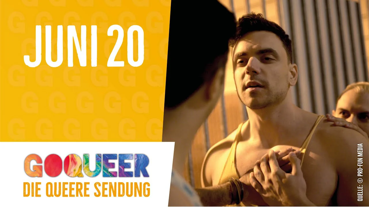 Ein Mann in gelbem Shirt blickt nach oben, links daneben gelbe Fläche mit "JUNI 20" und Logo "GOQUEER - DIE QUEERE SENDUNG".