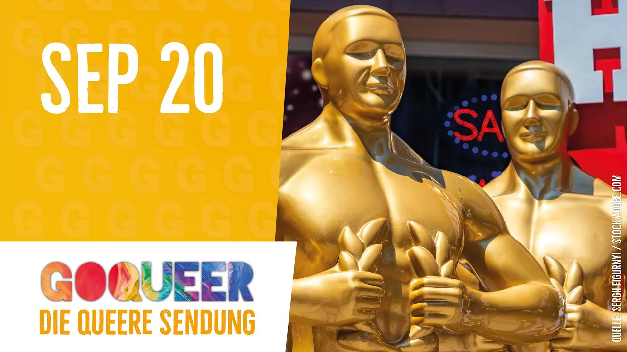 Zwei goldene Statuen umarmen sich vor einem Schaufenster, links gelber Bereich mit Datum und Logo "GOQUEER DIE QUEERE SENDUNG".