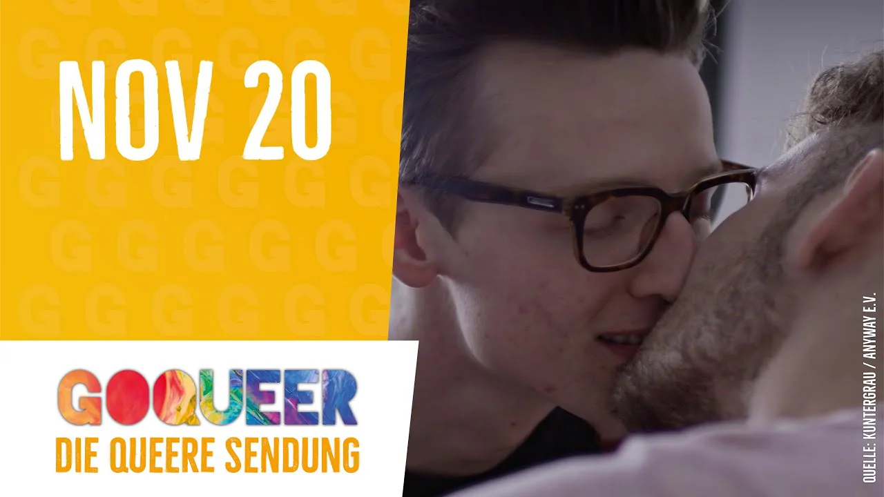 Person mit Brille blickt nach unten, neben Logo "GOQUEER - Die queere Sendung" und Datum "NOV 20".