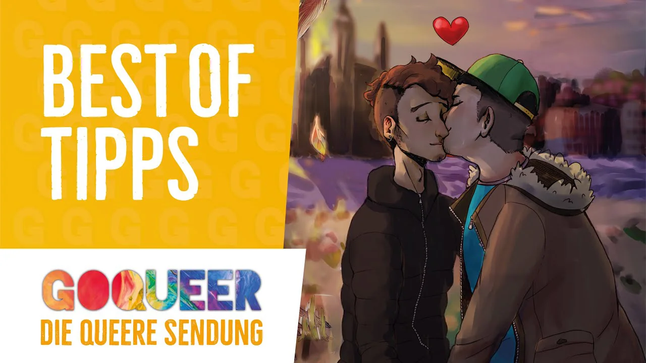 Zwei gezeichnete Personen küssen sich vor Stadtkulisse, links gelbe Fläche mit "BEST OF TIPPS" und GoQueer-Logo.