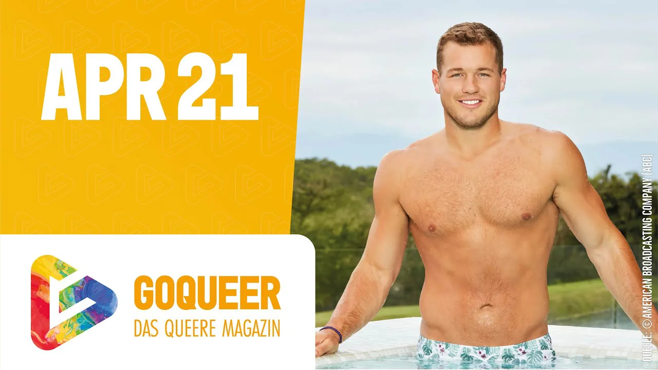 Ein lächelnder Mann steht in einem Pool vor einer Naturkulisse, links das Logo von GOQUEER und das Datum APR 21.