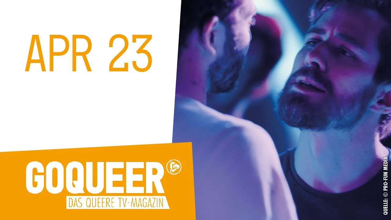 Werbebild für das queere TV-Magazin GOQUEER vom 23. April mit orangefarbenem Schriftzug und Personen in blau-violettem Licht.