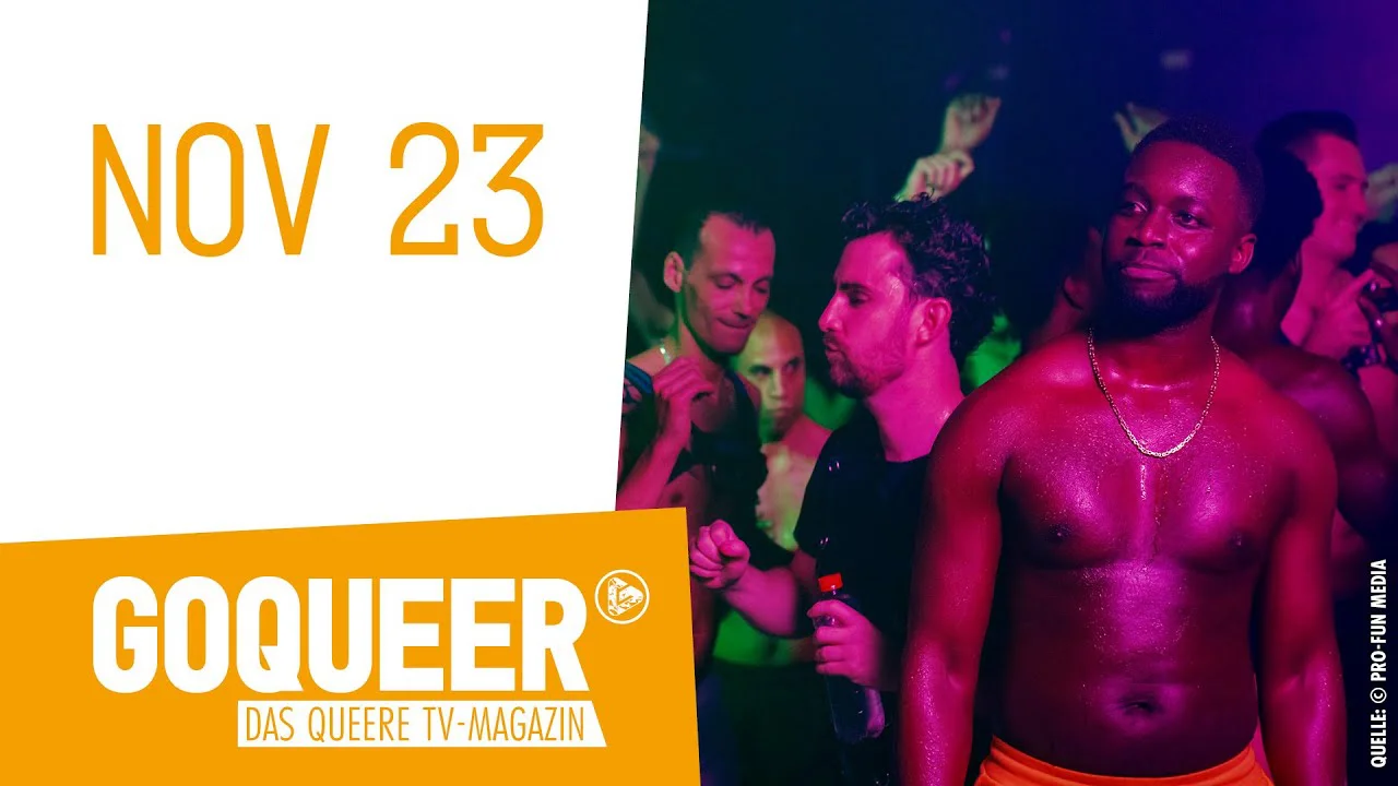 Feiernde Menschen in einer Clubszene mit bunter Beleuchtung, Logo von GOQUEER TV-Magazin und Datum 23. November.